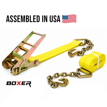 Boxer 4" x 30' USA Assembled Heavy-Duty Pro Ratchet Strap - Grade 70 Forged Chain Hooks - 16,200 lb BS - Double Locking Buckle - 20,000 lb Webbing - 0
