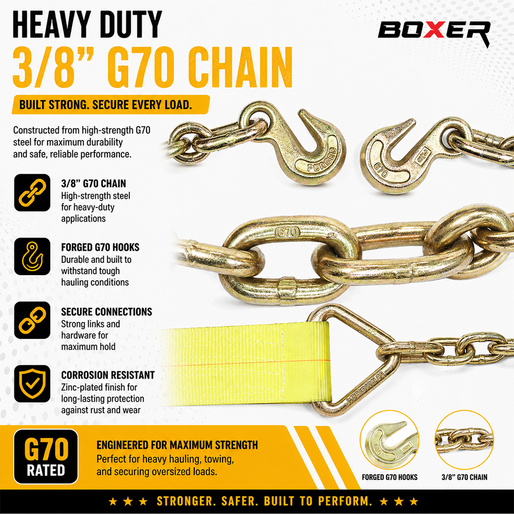 Boxer 4" x 30' USA Assembled Heavy-Duty Pro Ratchet Strap - Grade 70 Forged Chain Hooks - 16,200 lb BS - Double Locking Buckle - 20,000 lb Webbing