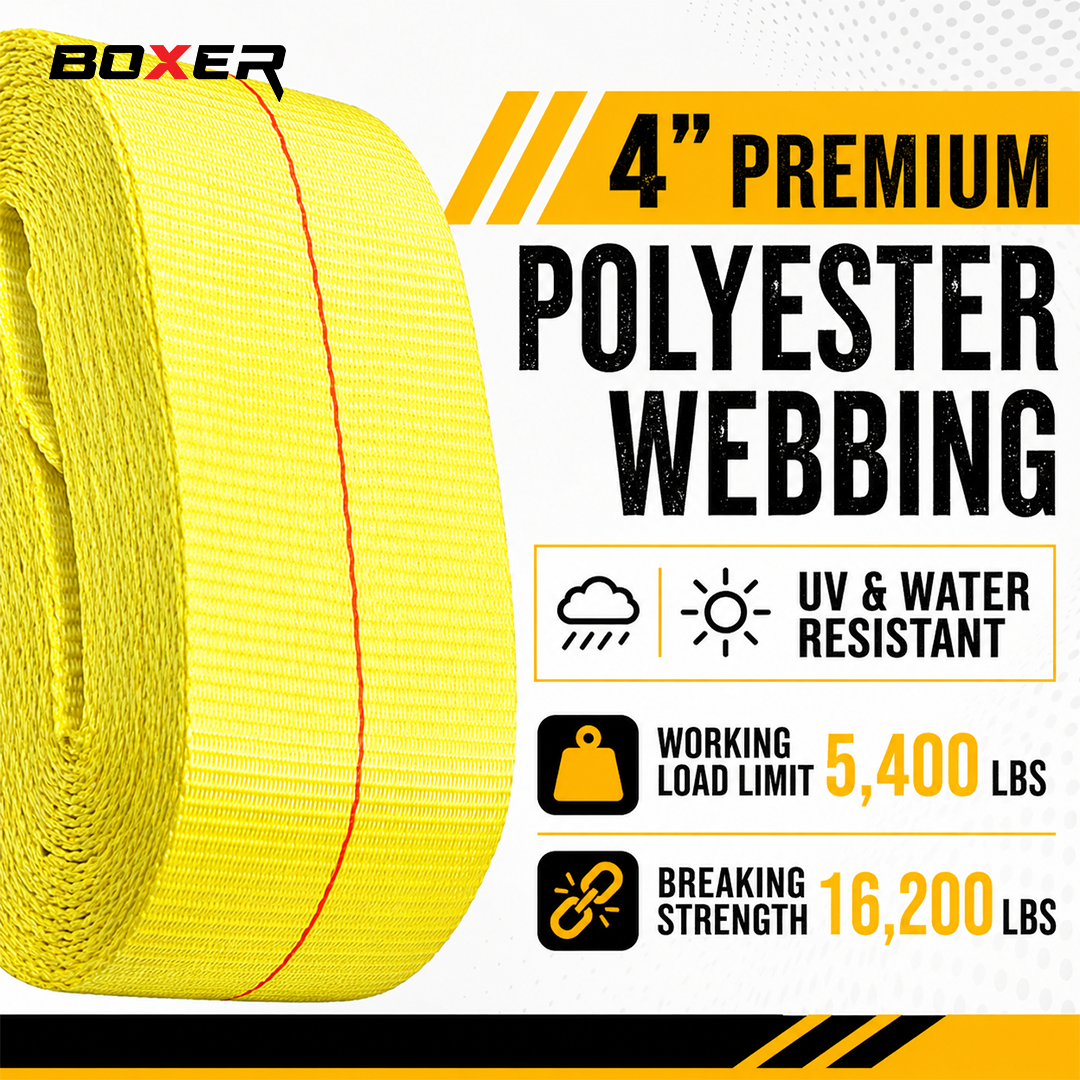 Boxer 4" x 30' Heavy-Duty Ratchet Tie Down with J Hooks - 16,200 lbs Breaking Strength