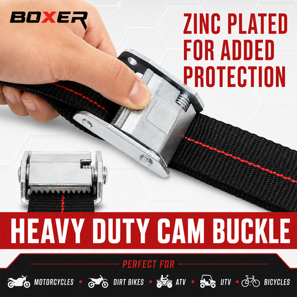 Boxer SecureMax Pro: Ultra-Grip 1" x 6' Cam Buckle Motorcycle Soft Tie Straps with Heavy Duty S Hook