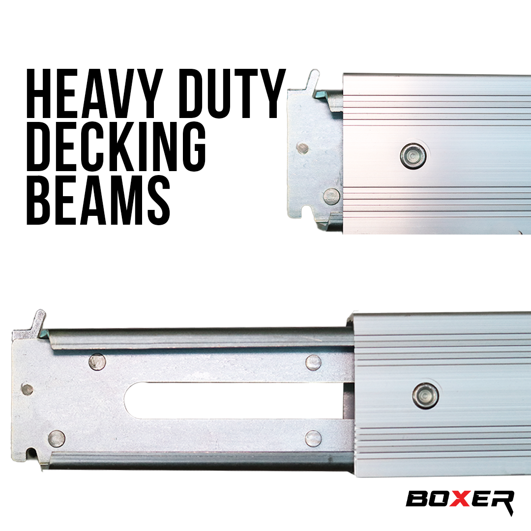 Heavy-duty decking beams with 'Boxer' branding on a white background