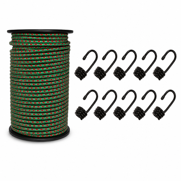3/8" Bulk Bungee Cord Kit – 250 Ft Elastic Shock Cord Roll with 10 Heavy-Duty Bungee Hooks
