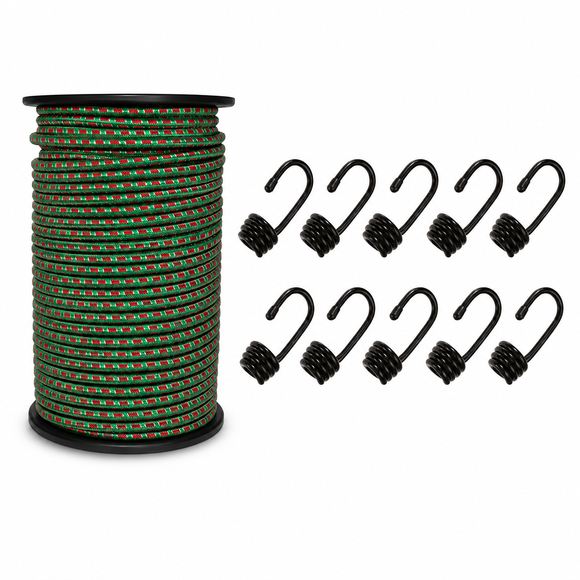 3/8" Bulk Bungee Cord Kit – 250 Ft Elastic Shock Cord Roll with 10 Heavy-Duty Bungee Hooks
