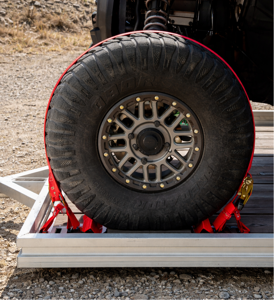 Tire on a trailer with a rugged outdoor background