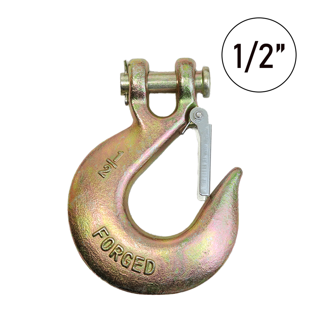 Heavy-Duty 1/2" Forged Clevis Hook with Safety Latch: Grade 70 Steel, Yellow Chrome Finish, 4x Breaking Strength