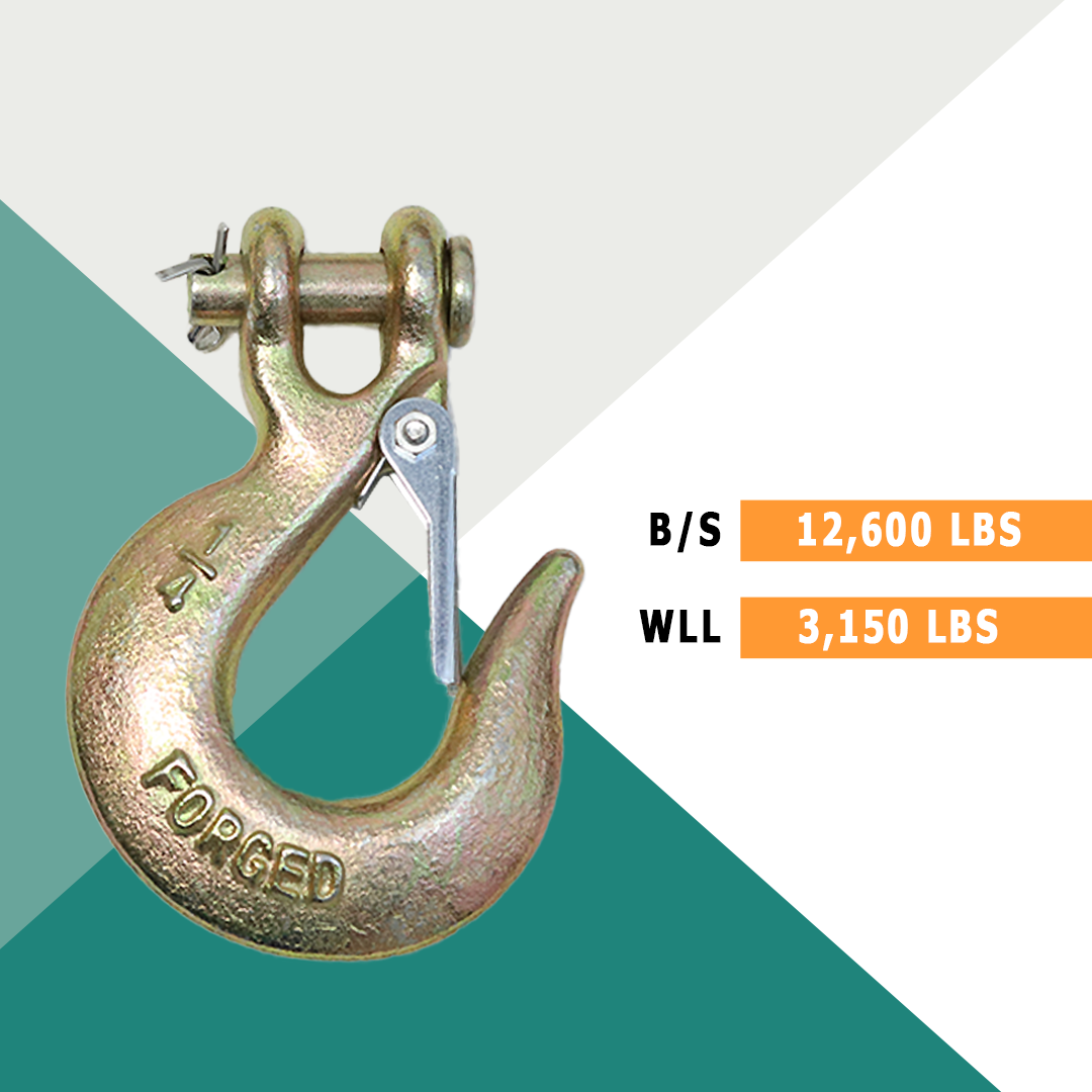 Heavy-Duty 1/4" Forged Clevis Hook with Safety Latch: Grade 70 Steel, Yellow Chrome Finish, 4x Breaking Strength