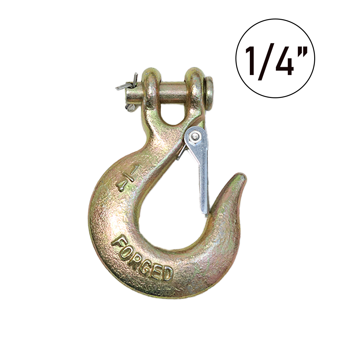 Heavy-Duty 1/4" Forged Clevis Hook with Safety Latch: Grade 70 Steel, Yellow Chrome Finish, 4x Breaking Strength