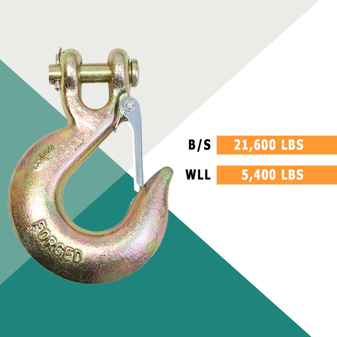 Heavy-Duty 3/8" Forged Clevis Hook with Safety Latch: Grade 70 Steel, Yellow Chrome Finish, 4x Breaking Strength