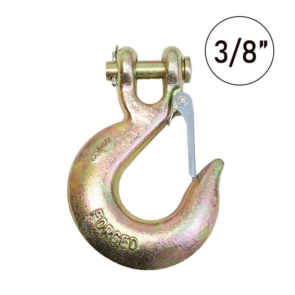 Heavy-Duty 3/8" Forged Clevis Hook with Safety Latch: Grade 70 Steel, Yellow Chrome Finish, 4x Breaking Strength