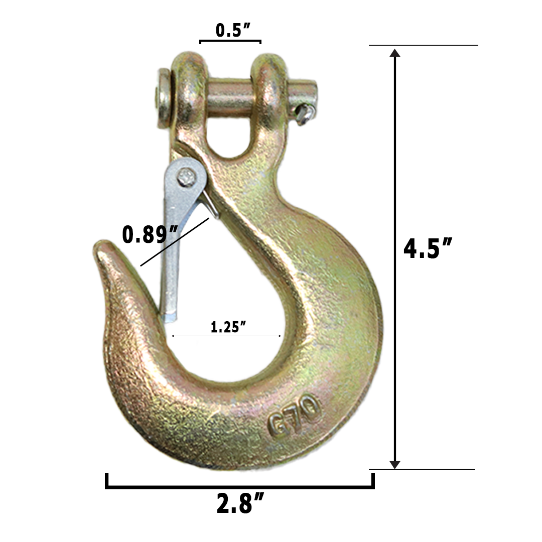 Heavy-Duty 5/16" Forged Clevis Hook with Safety Latch: Grade 70 Steel, Yellow Chrome Finish, 4x Breaking Strength