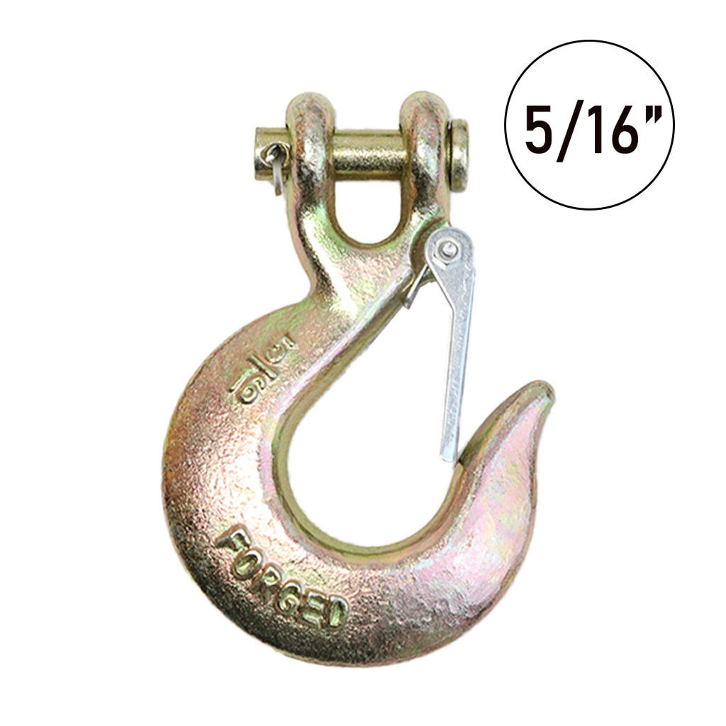 Heavy-Duty 5/16" Forged Clevis Hook with Safety Latch: Grade 70 Steel, Yellow Chrome Finish, 4x Breaking Strength