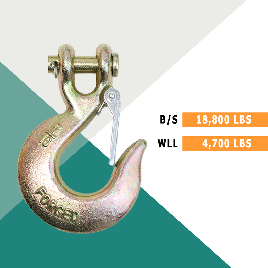 Heavy-Duty 5/16" Forged Clevis Hook with Safety Latch: Grade 70 Steel, Yellow Chrome Finish, 4x Breaking Strength