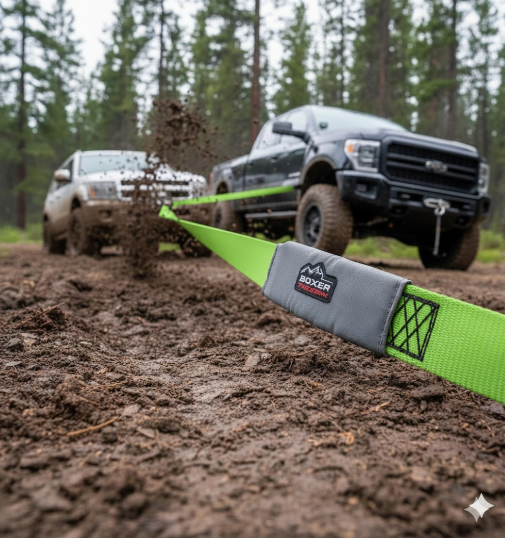 Two trucks towing a green and gray strap across a muddy field with trees in the background.
