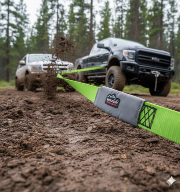 Two trucks towing a green and gray strap across a muddy field with trees in the background.