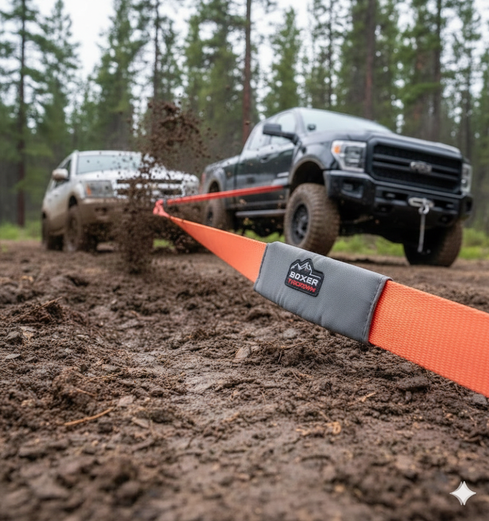 Two trucks on a muddy trail with an orange and gray rope, featuring the Boxer Rope logo.