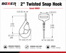 Technical dimension diagram of a 2-inch twisted snap hook by BOXER, showing front and side line drawings with measurements, breaking strength, working load limit, and weight on a white background.