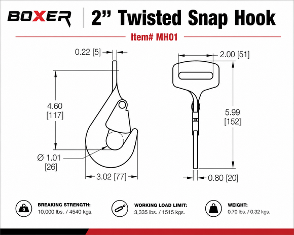 Technical dimension diagram of a 2-inch twisted snap hook by BOXER, showing front and side line drawings with measurements, breaking strength, working load limit, and weight on a white background.