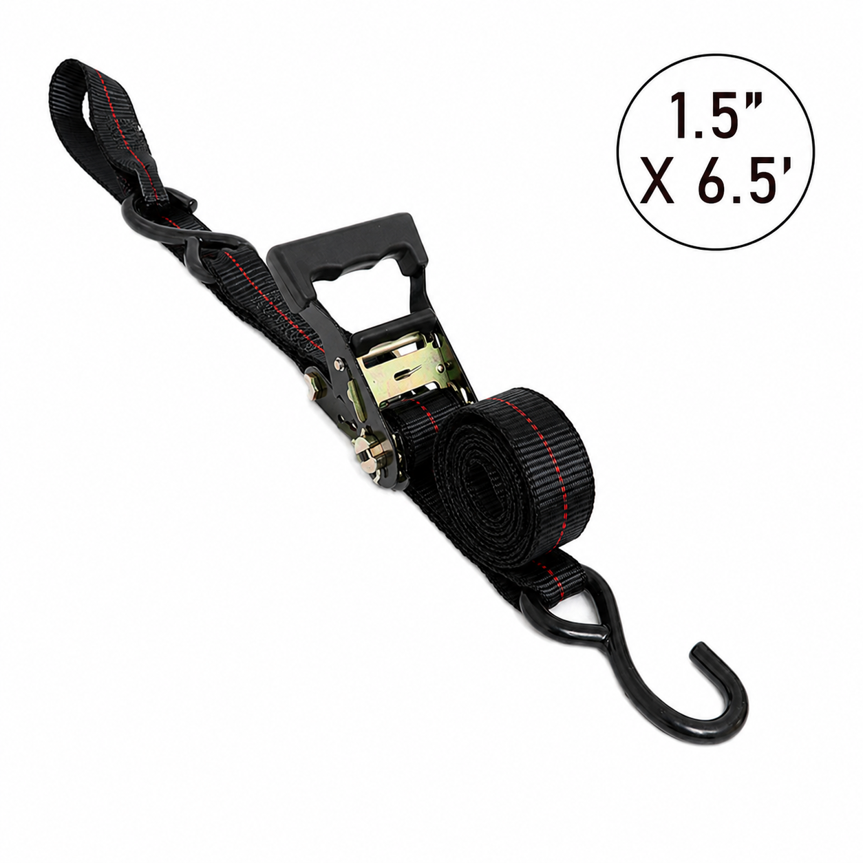 Ratchet strap with a handle and hooks on a white background, displaying dimensions.