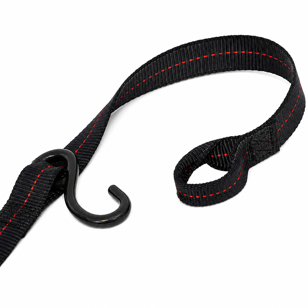 Black strap with red stitching and a metal hook on a white background