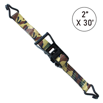 Boxer  2" x 30' Heavy-Duty Camouflage Ratchet Strap - Twin J Hooks / Wire Hooks - USA Assembled - 10,000 lb BS - Wide Handle Ratchet