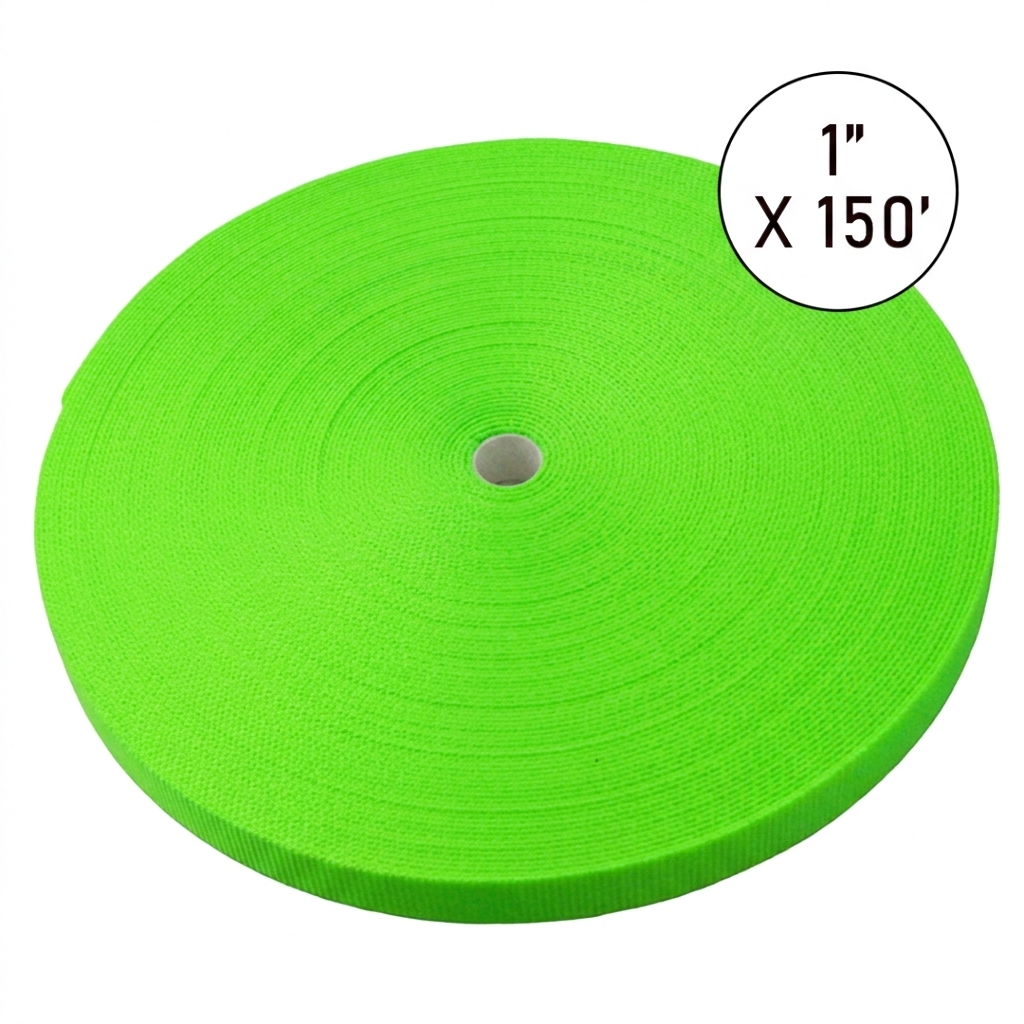 Green ribbon roll with dimensions 1" x 150' on a white background