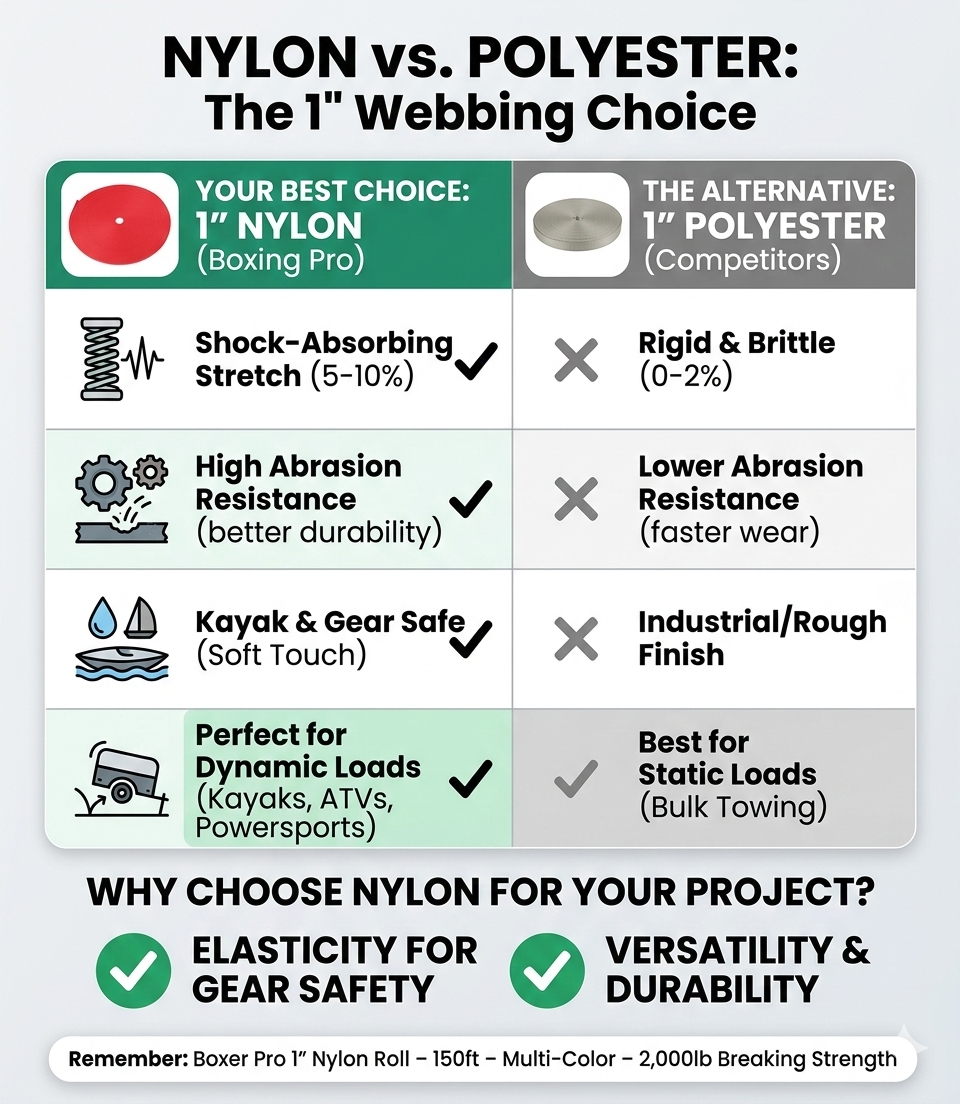 Comparison chart of nylon vs polyester webbing choices for 1-inch width.