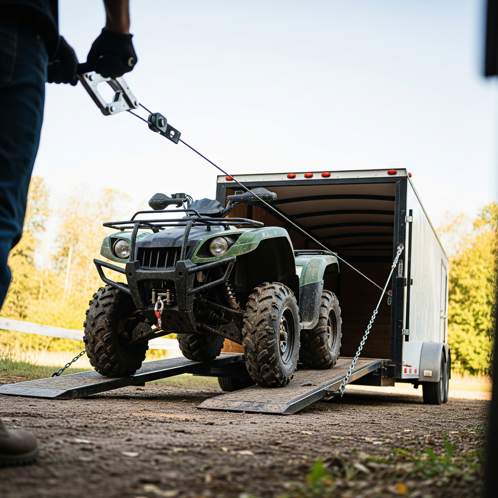Person towing an ATV with a trailer on a dirt road