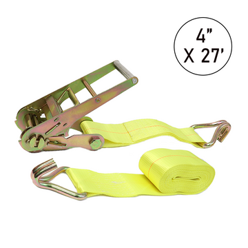 Boxer Pro-Assembled 4" x 27' Heavy-Duty Ratchet Tie Down with J Hooks - 16,200 lbs Breaking Strength