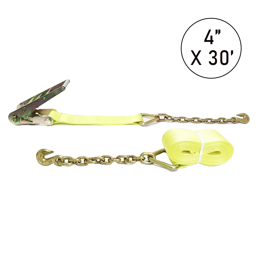 Boxer Pro-Assembled 4" x 30' Heavy-Duty Ratchet Strap with Grade 70 Chain Hooks - 16,200 lbs Breaking Strength