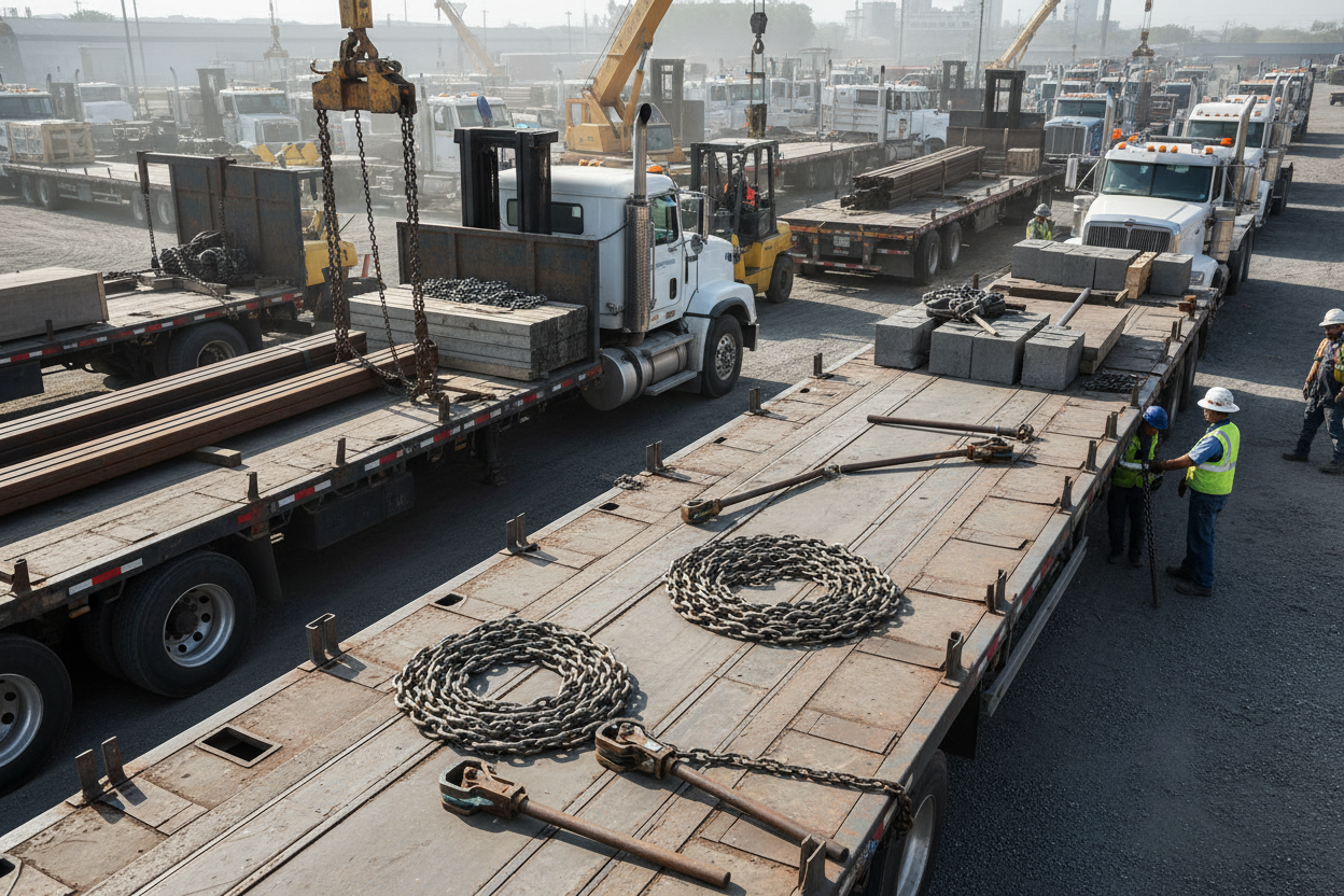 truck yard with flatbeds unloading that show heavy haulers like chains and binders and stake pockets