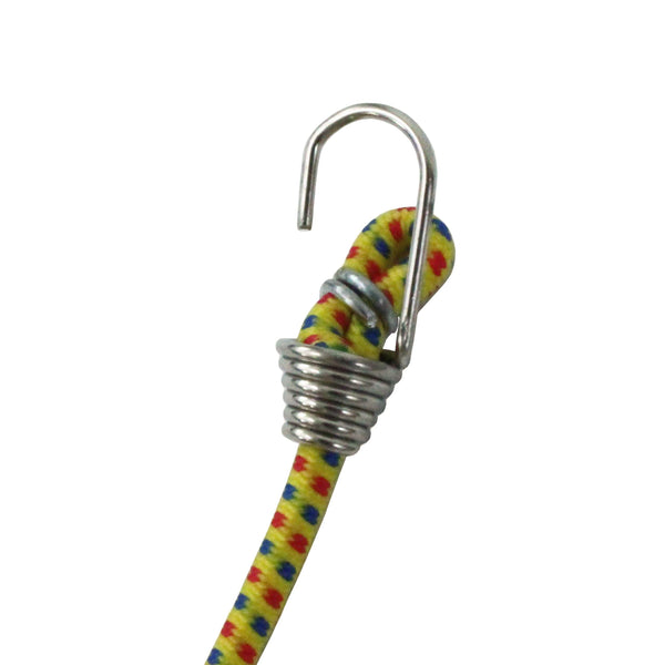 yellow bungee mini elastic cord with steel hooks used as light duty cargo tie downs